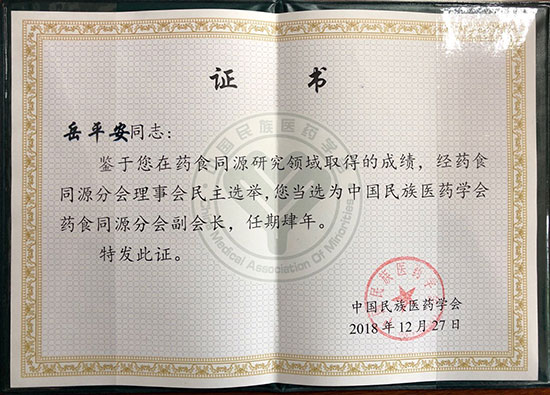 喜訊！恭喜岳平安董事長(zhǎng)榮獲“中國(guó)民族醫(yī)藥學(xué)會(huì)藥食同源分會(huì)副會(huì)長(zhǎng)”